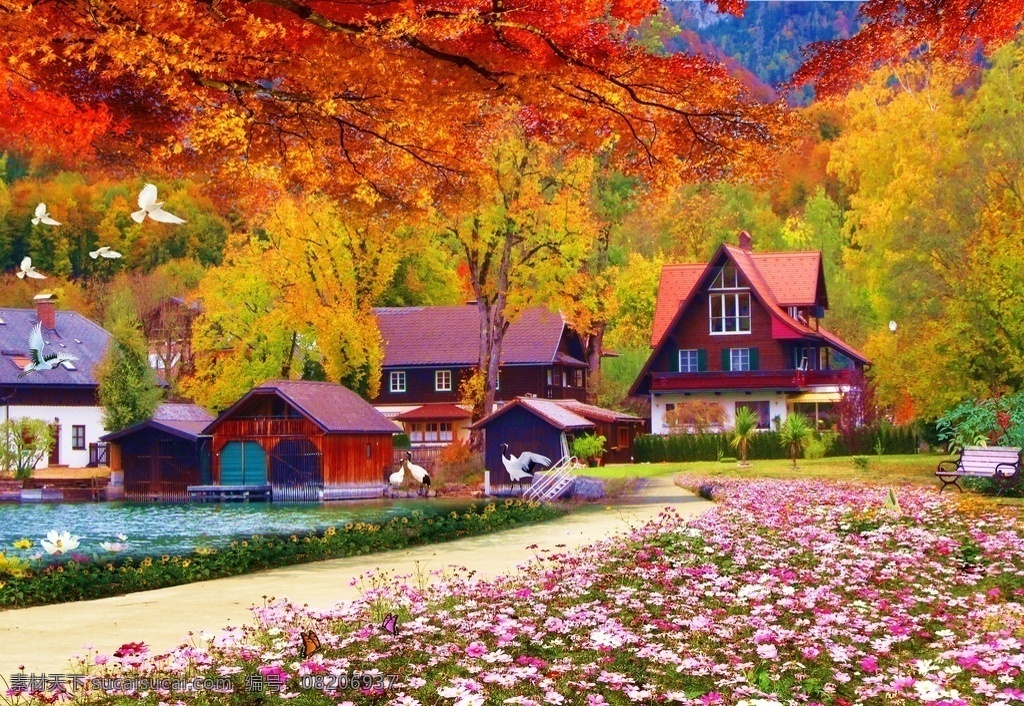 世外桃源 人间仙镜 人间美景 人间天堂 世外桃园 大自然 美景 风景 树 树林 小河 河流 河水 水 湖水 清静的河面 波纹 河面 花儿 花 花朵 鲜花 秋天 秋天景色 小鸟 鸟儿 丹顶鹤 仙鹤 秋景 椅子 长椅 房子 别墅 分层
