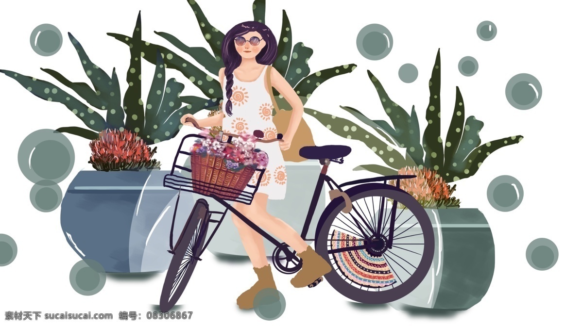治愈 系 梦游 仙境 女孩 自行车 简洁 插画 绘画 公众号配图 配图