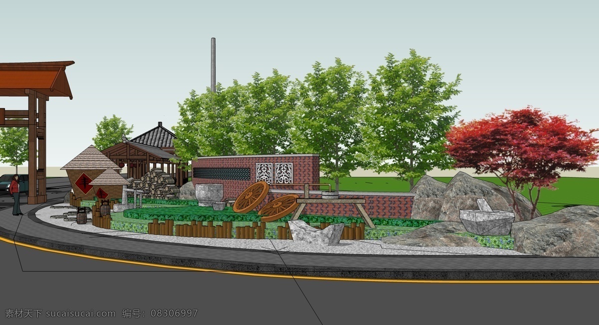 新 农村 路口 景观设计 民俗景观 景观亭 休憩亭 花境 新农村 新农村建设 新农村路口 草图大师 草图大师模型 环境设计 效果图