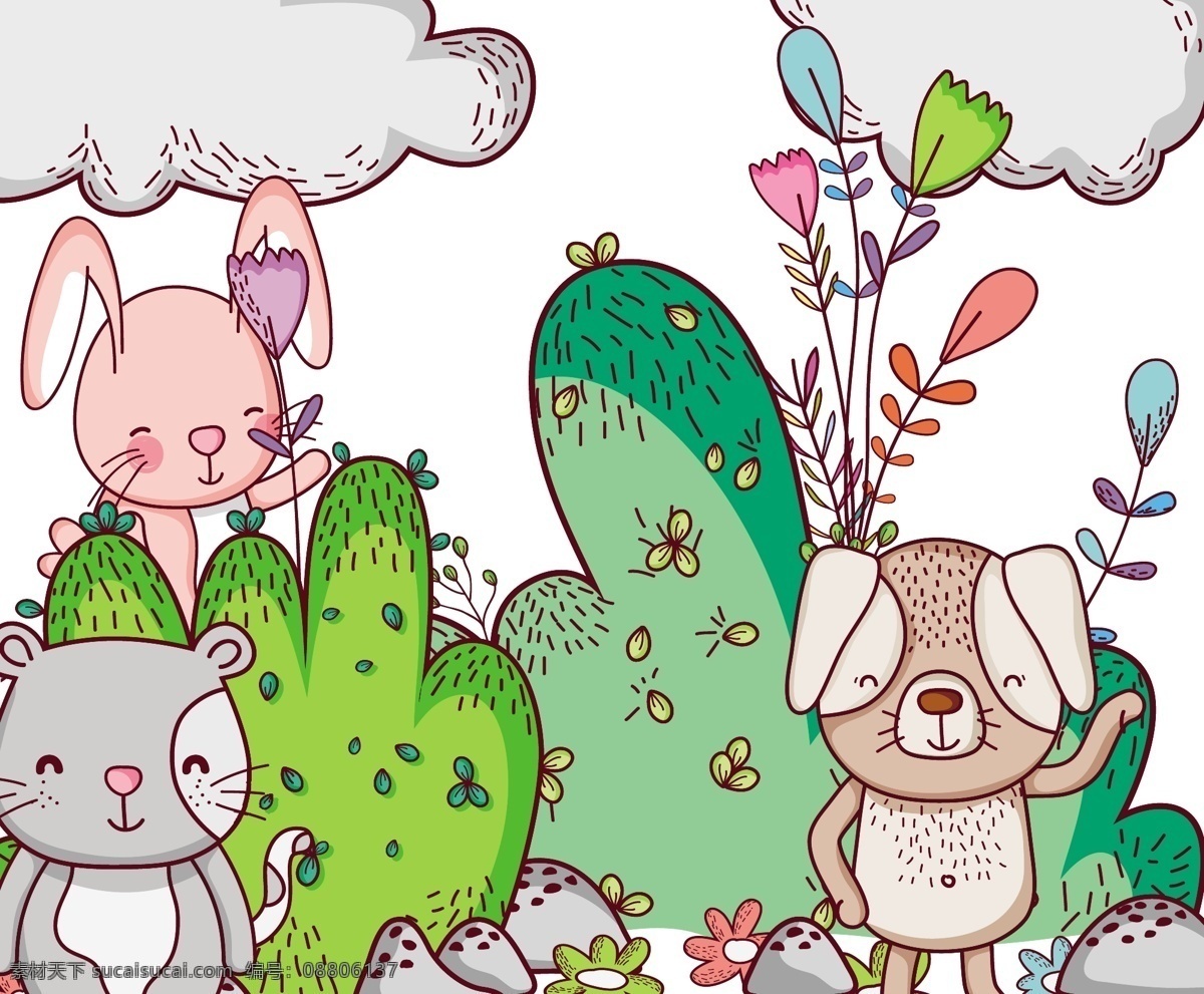 手绘 可爱 卡通 动物 插画 兔子 卡通插画 移门图案