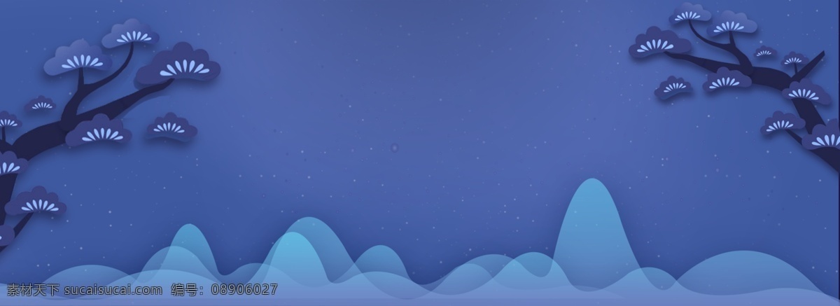 中国 风 蓝色 夜晚 banner 中国风 树 山峰 星星 夜空