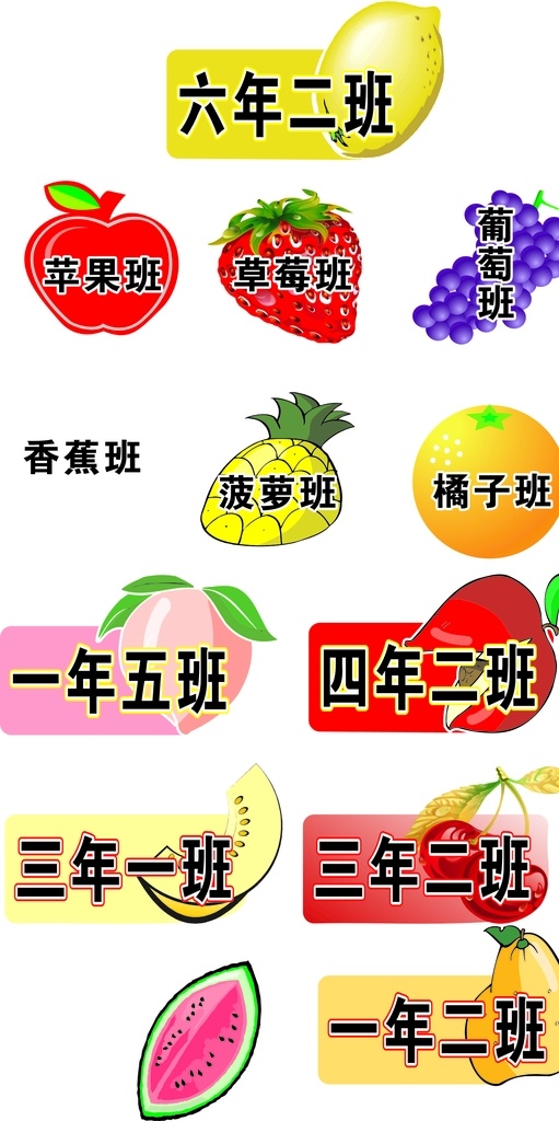 水果班级牌 水果 班级 班牌 幼儿园 卡通 小学 学校 门牌 可爱 卡通设计