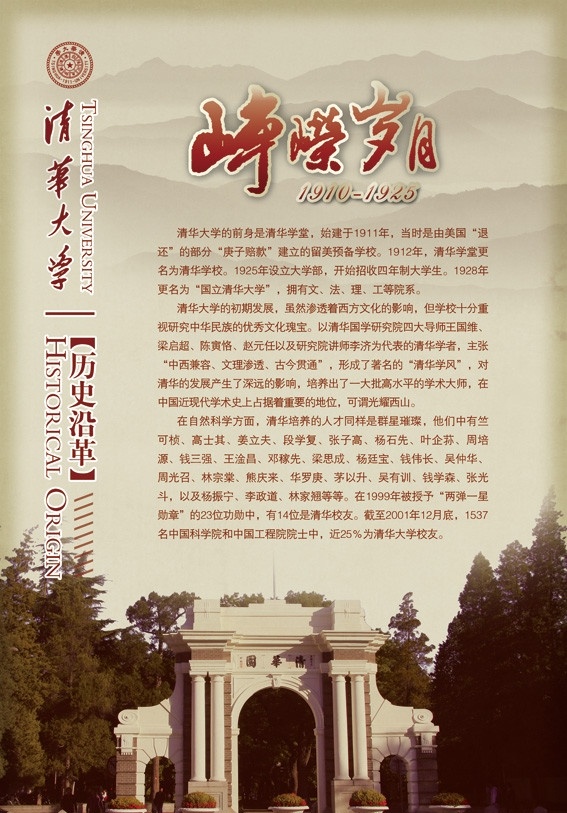 清华大学海报 清华大学 校史海报 展板 展板背景 背景 怀旧系列 古典 棕色背景 清华大学校门 清华大学字体 清华大学标志 清大字体 清大标志 分层 源文件