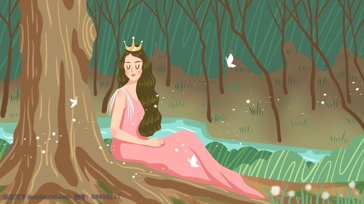 森林 公主 蝴蝶 为伴 治愈 系 插画 树林 植物 树木 丛林 长裙 长发 少女 屏幕 手机屏