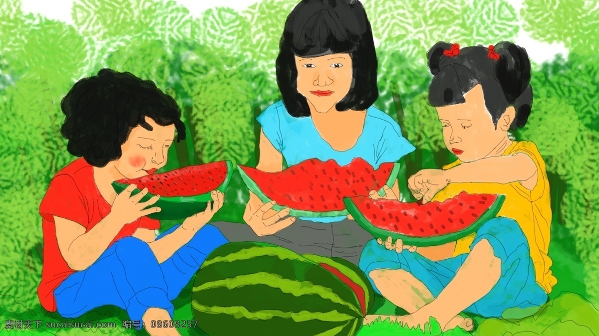 夏天 吃 西瓜 插画 家人 母亲 草地 清爽 吃西瓜 姐妹 凉快