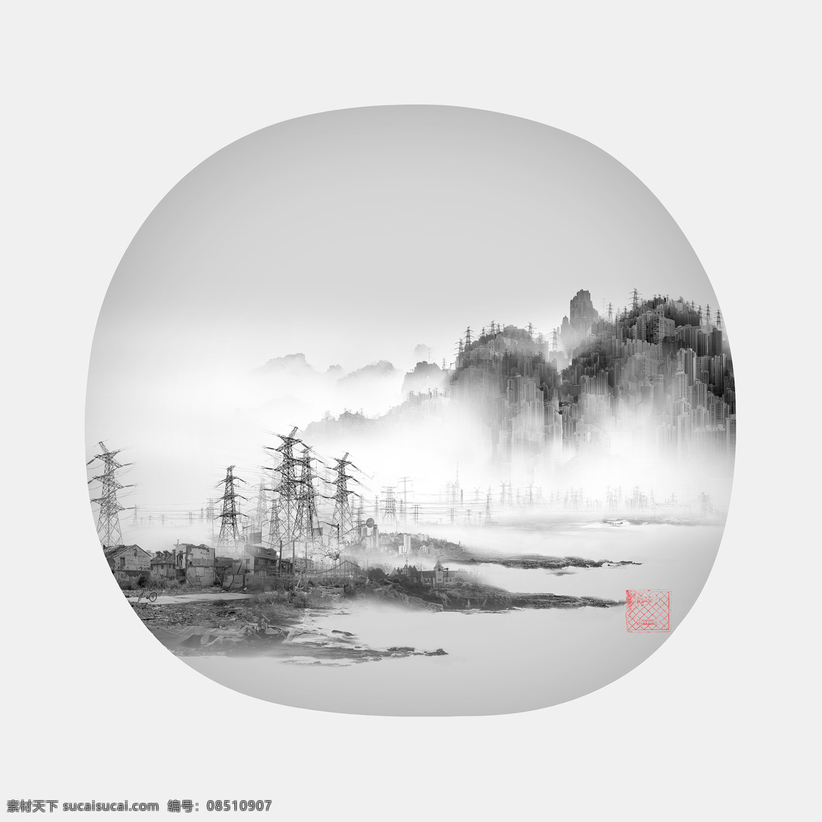 杨泳梁手绘画 中国风水墨画 山水风景画 山河风景 黑白乡村水墨 人造仙境风景 自然景观 自然风光