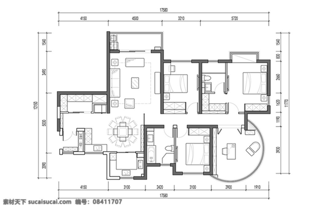 cad 四 室 两 厅 户型 图纸 方案 平面 多层 图 定制 高层 住宅 居室布局定制