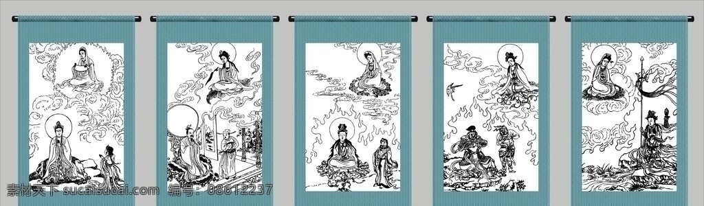 古画 画轴 古典人物 中国画 水墨人物 水墨画 古人 云纹 矢量人物 花纹 树木 木船 椅子 观音 矢量