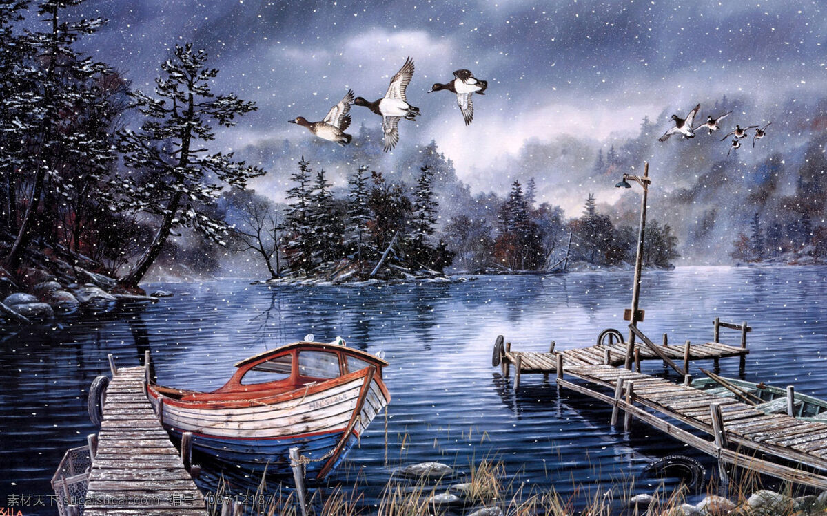 冬天 美景 冰雪 木 木桥 树 水面 小船 冬天美景 风景 生活 旅游餐饮