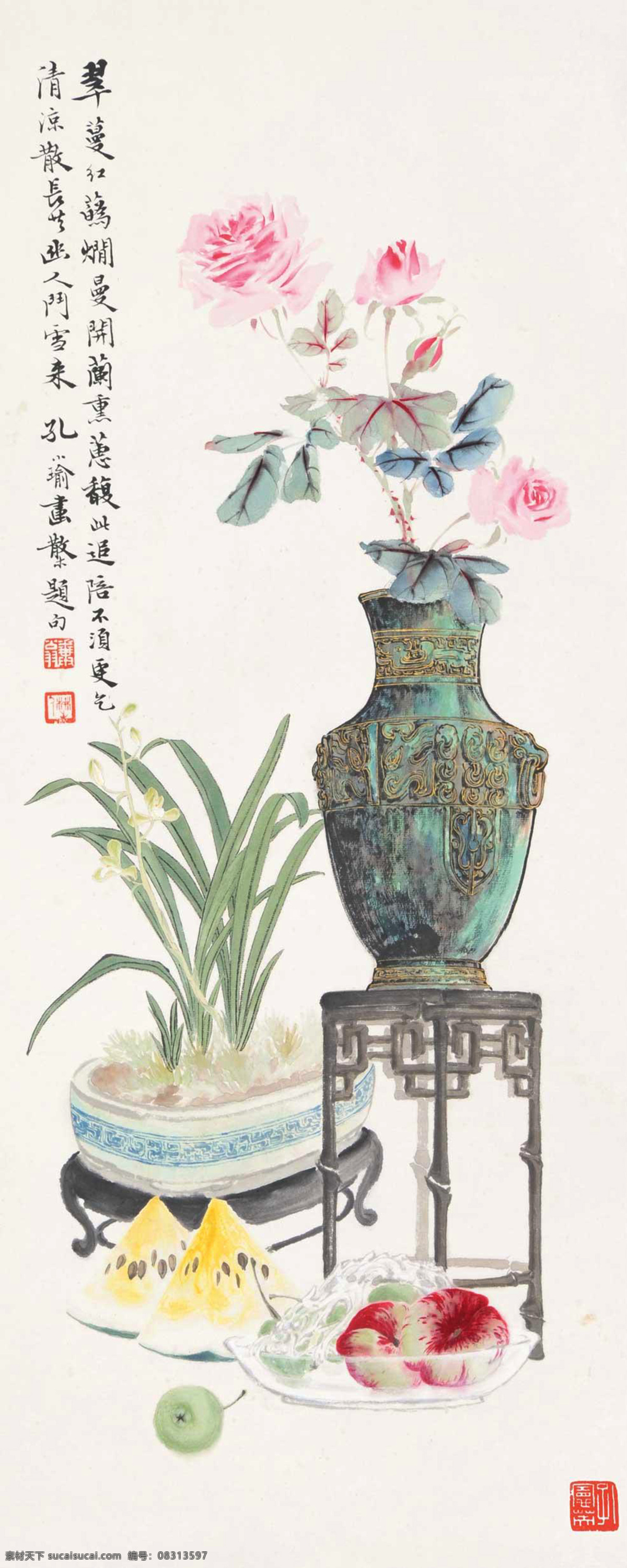 博古 孔小瑜 国画 水仙 大蒜 牡丹 西瓜 桃子 青果 富贵 花开富贵 大鼎 鼎 案头 花盆 吉祥 盆栽 博古纹 清供 中国画 绘画书法 文化艺术