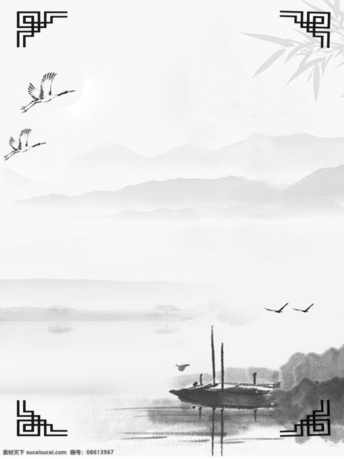 中国 风山 水墨画 背景 图 中国风 山水 船只 鸟 背景图 水墨 江河 配图