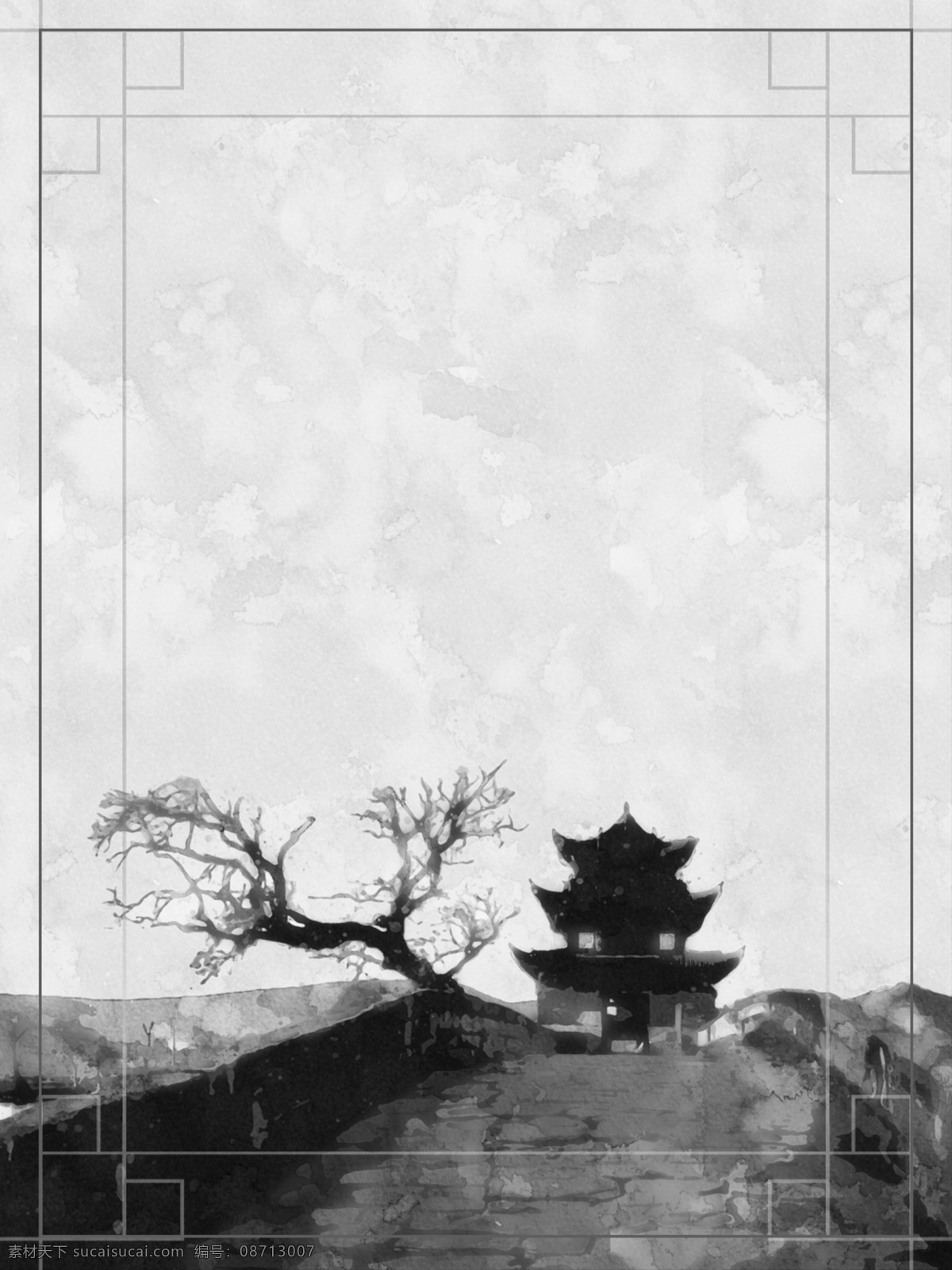 全 原创 手绘 古风 小桥 阁楼 水墨 边框 背景 黑白 剪影 纸张 中国风 水乡 古建筑 优美