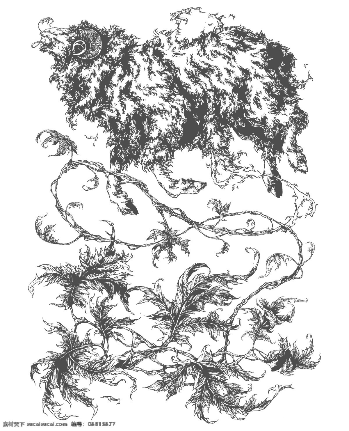 动物插画 插画 手绘 纹身图案 男装花型 数码印花 底纹边框 抽象底纹