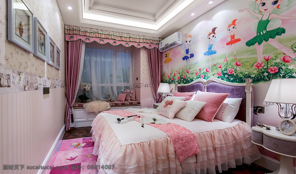 童真 粉嫩 卧室 儿童 画像 墙 绘 室内装修 效果图 卧室装修 粉色地毯 粉色背景墙 白色台灯 白色床头柜