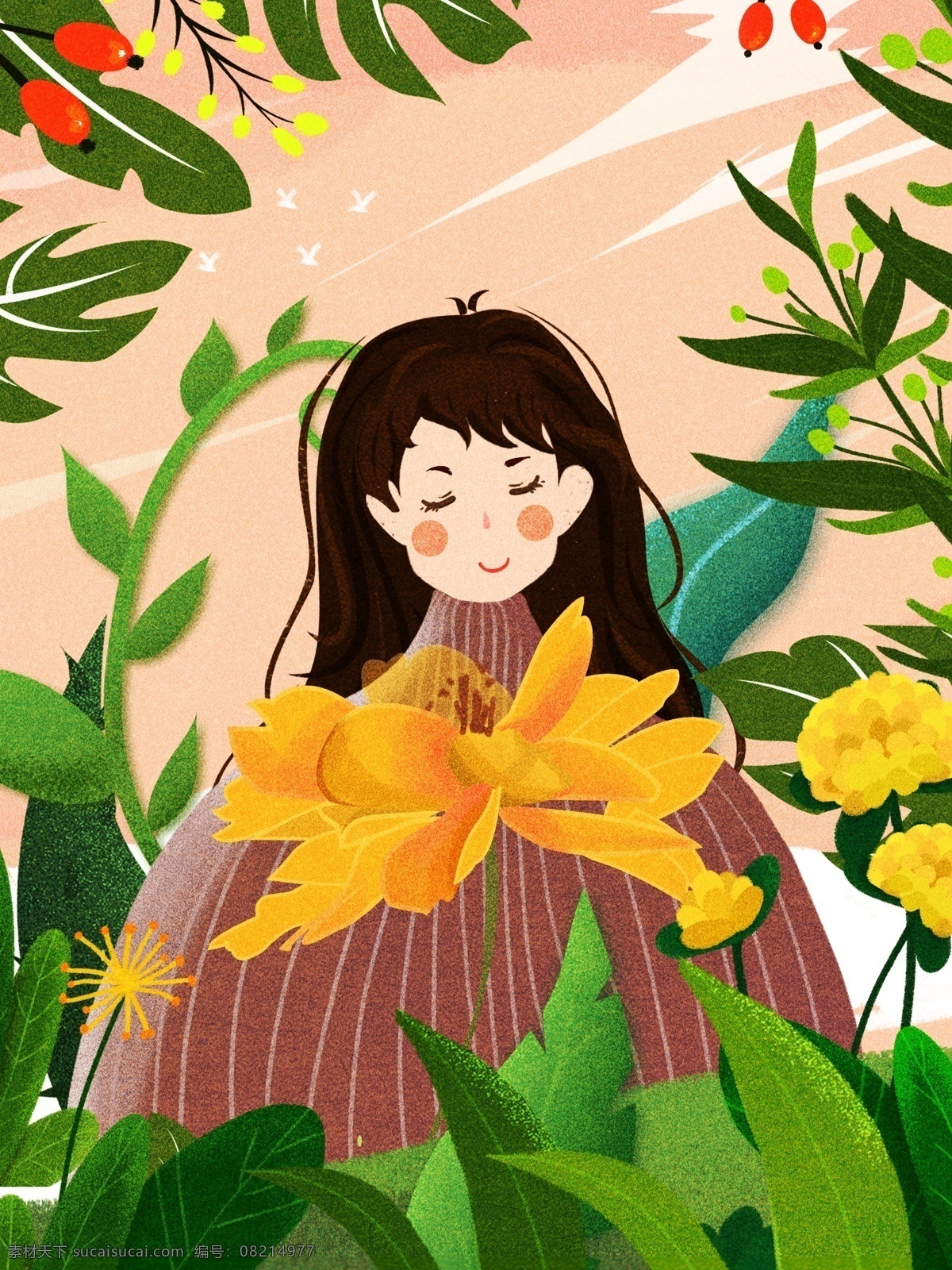 原创 插画 月 你好 女孩 花朵 春天 卡通女孩 2月 你好2月 二月 春季 春季你好 春天你好 你好系列