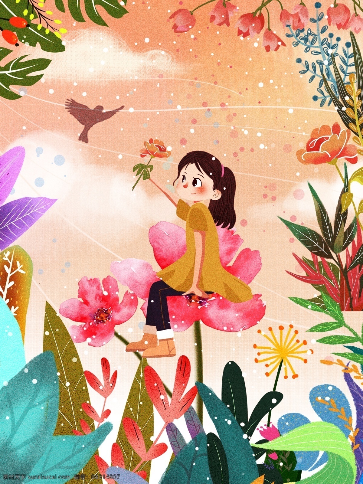原创 小 清新 插画 节气 春分 花朵 人物 小清新 花卉 春分人物 春季 春天 你好春天 花朵人物 二十四节气