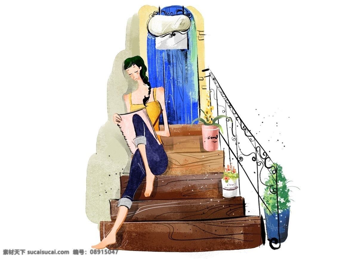 hanmaker 韩国 设计素材 库 背景 淡彩 卡通 楼梯 漫画 女人 人物 psd源文件
