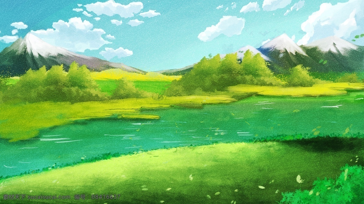夏至 清新 山水风景 插画 背景 绿草地背景 创意背景 插画背景 绿色背景 治愈系背景 植物背景 唯美