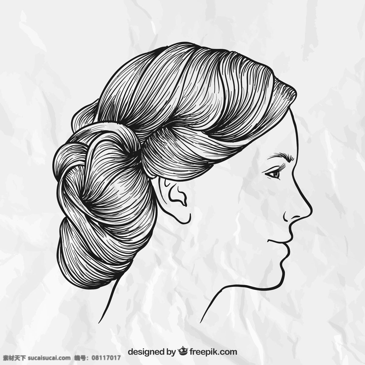 手绘 美丽 女子 侧 脸 矢量图 褶皱 纸张 人物 头像 侧脸