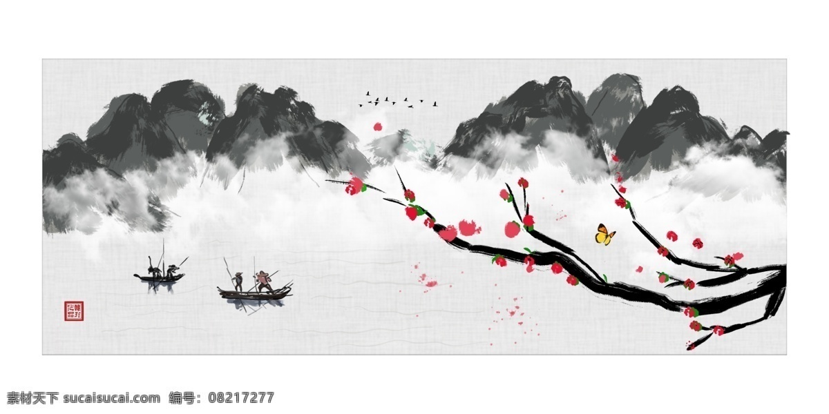 新 中式 写意 大笔 触 板 绘 桃花 横 式 装饰画 客厅画 黑白 禅意 云海 沙发装饰画 纹理 艺术 艺术背景 民俗画