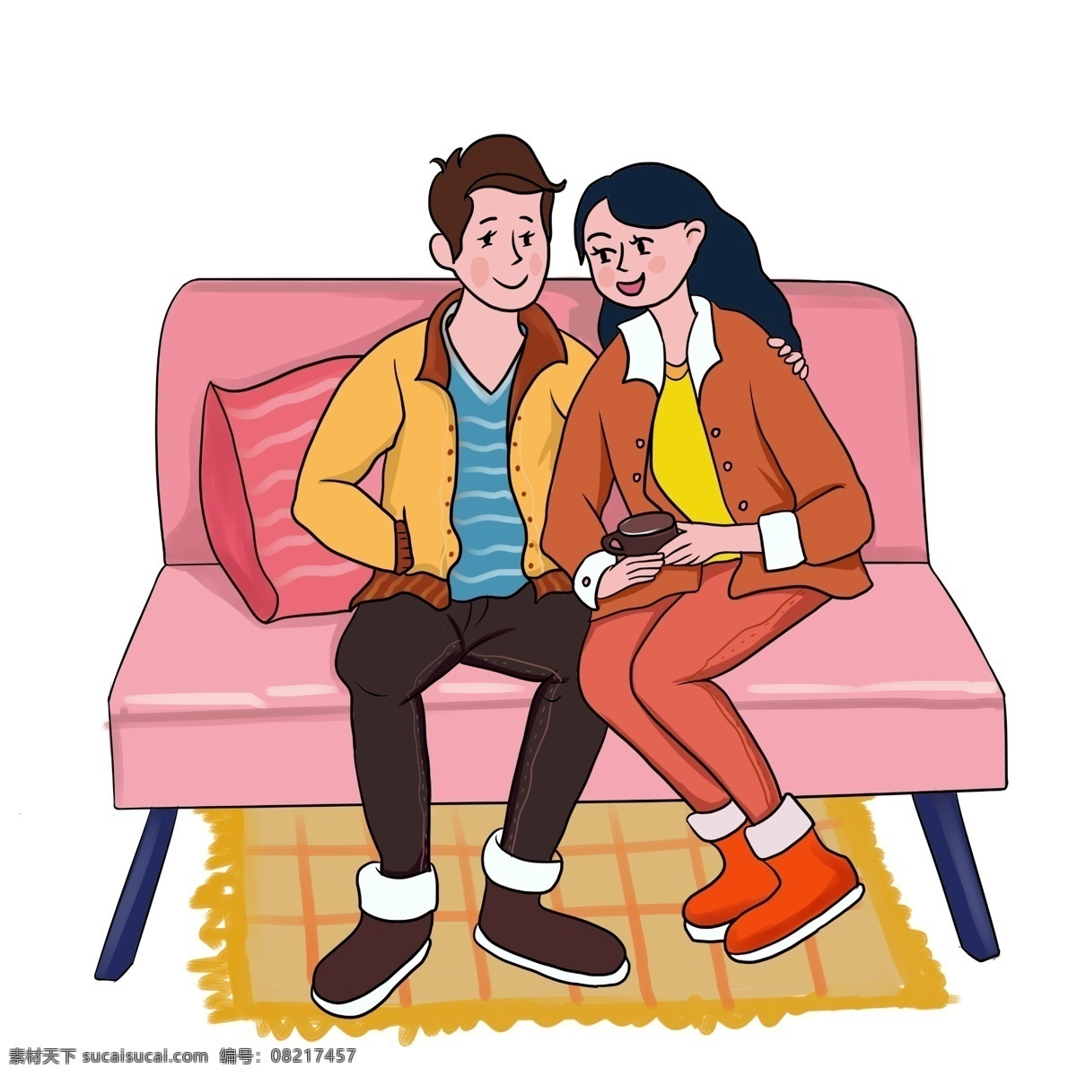 时尚 手绘 插画 情侣 2019年 家 约会 一对情侣 男孩 女孩 沙发 聊天 幸福 微笑 快乐 幸福爱人 卡通 人物
