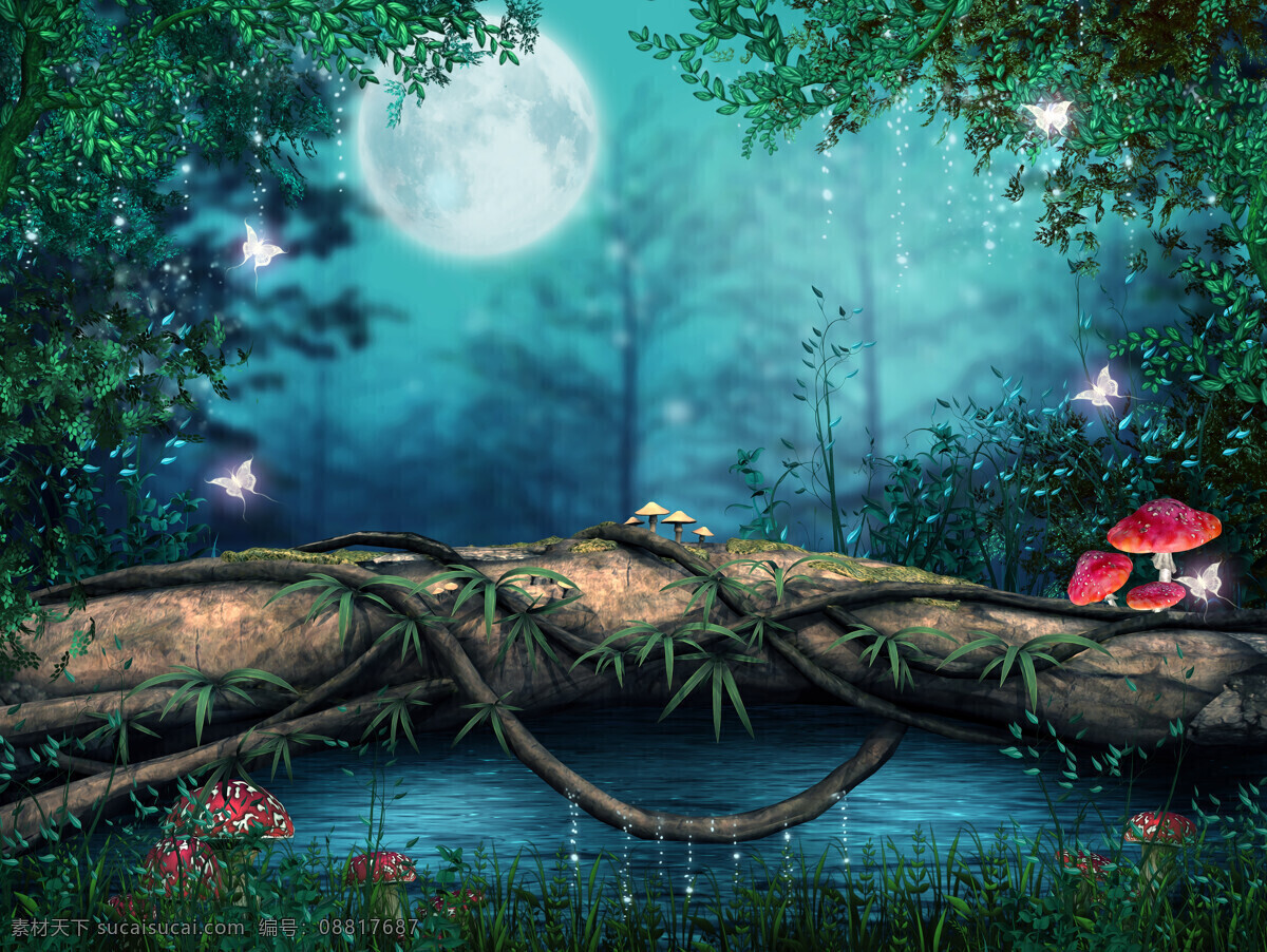 美丽 森林 月色 森林夜景 月亮 蘑菇 树林风景 森林风景 梦幻森林景色 梦境 自然风景 梦幻美景 美丽风景 山水风景 风景图片