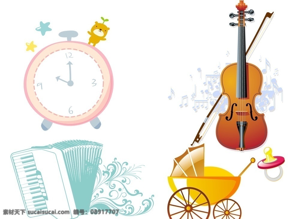 可爱闹钟 手提琴 风琴 婴儿车 奶嘴 包装设计 广告设计模板 源文件