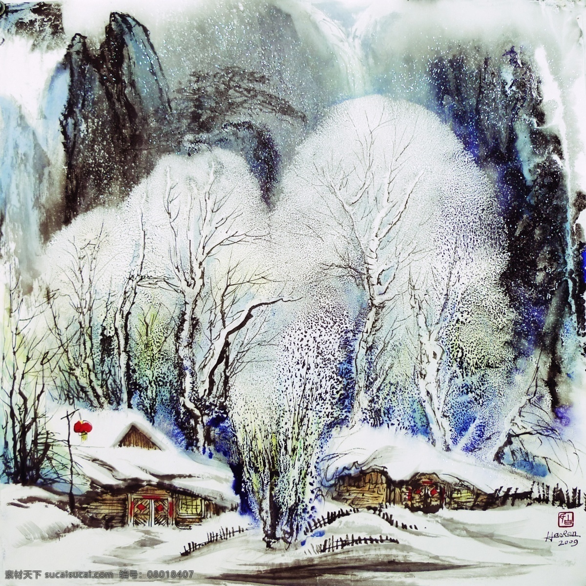 春序 白浩然作品 泼墨画 水墨画 水墨中国 墨海堂 山水泼墨 玉树银花 琼枝玉叶 乡野情怀 红灯笼 草屋 白雪 中国山水 白雪圣境 绘画书法 文化艺术