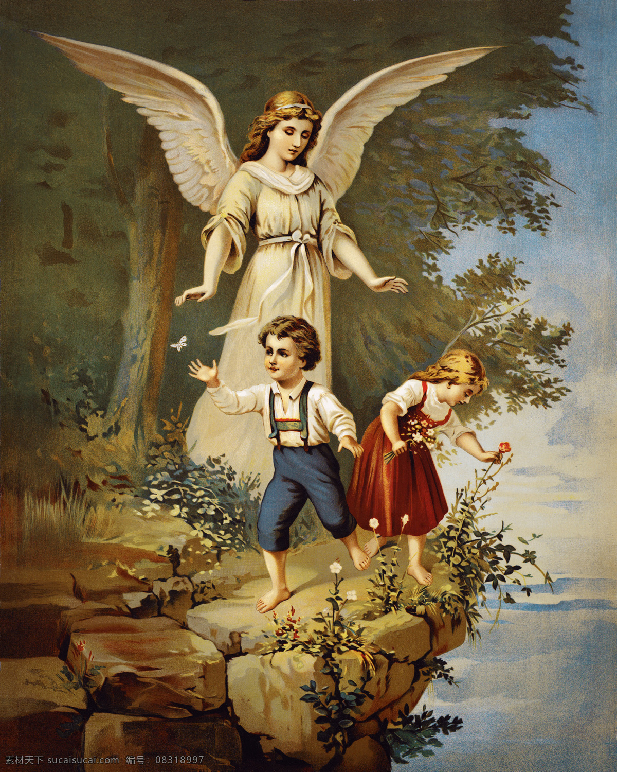 欧洲天使油画 欧洲 天使 小孩 河边 天使翅膀 唯美 油画 水彩画 水粉画 欧式典雅系列 环境设计 无框画