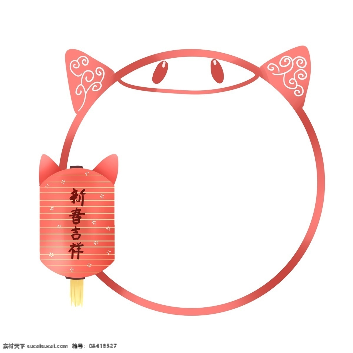 新年 红色 小 猪 边框 红色圆形边框 小猪边框新年 红色灯笼 黄色挂坠 梅花印花 中国 风 装饰 灯笼