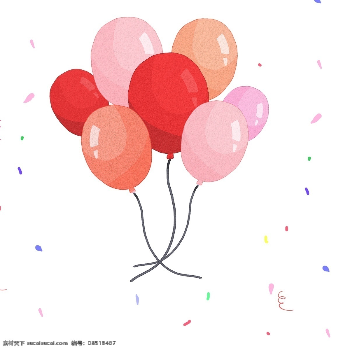 节日 派对 庆祝 多彩 气球 手绘 风格 漂浮 元素 简约 彩带 装饰 手绘风格 漂浮元素