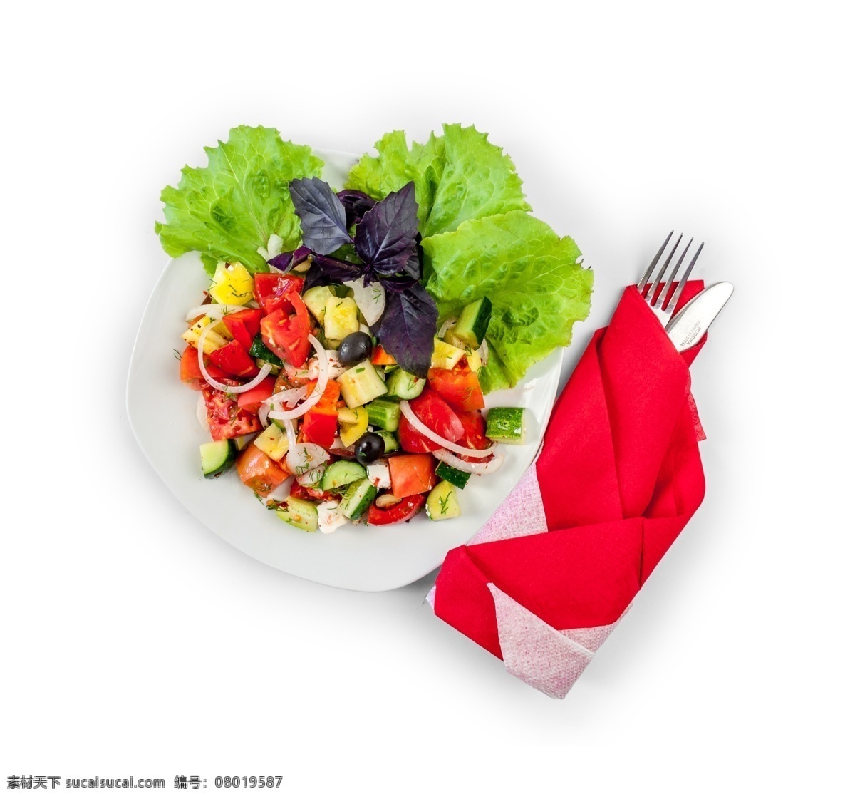 高级 餐厅 新鲜 蔬菜 沙拉 源文件 生菜 青瓜 刀叉 餐巾 装饰图案