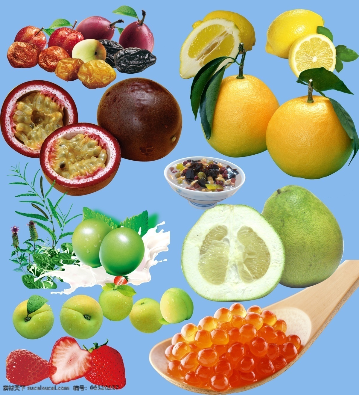 奶茶店 水果店 果汁 店 常用 图 百香果 西米 草莓 青梅 牛奶 酸梅 柠檬 西柚 柚子 烧仙草 勺子 psd素材 分层 源文件