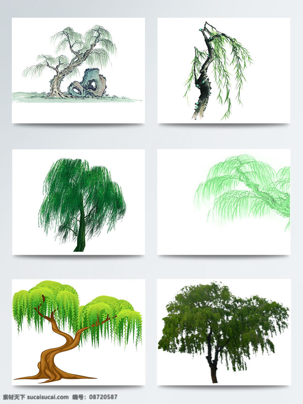 组 手绘 柳树 图案 合集 春天 发芽 卡通画 柳树手绘画 素描画 唯美 元素