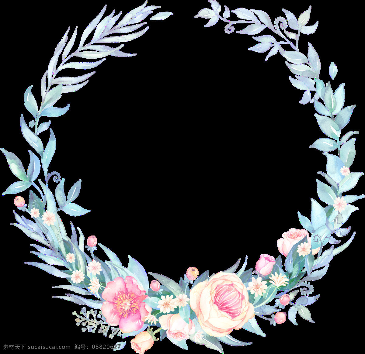 清新 粉 黄色 花朵 手绘 花环 装饰 元素 淡蓝色花朵 粉色花朵 玫瑰花 装饰元素