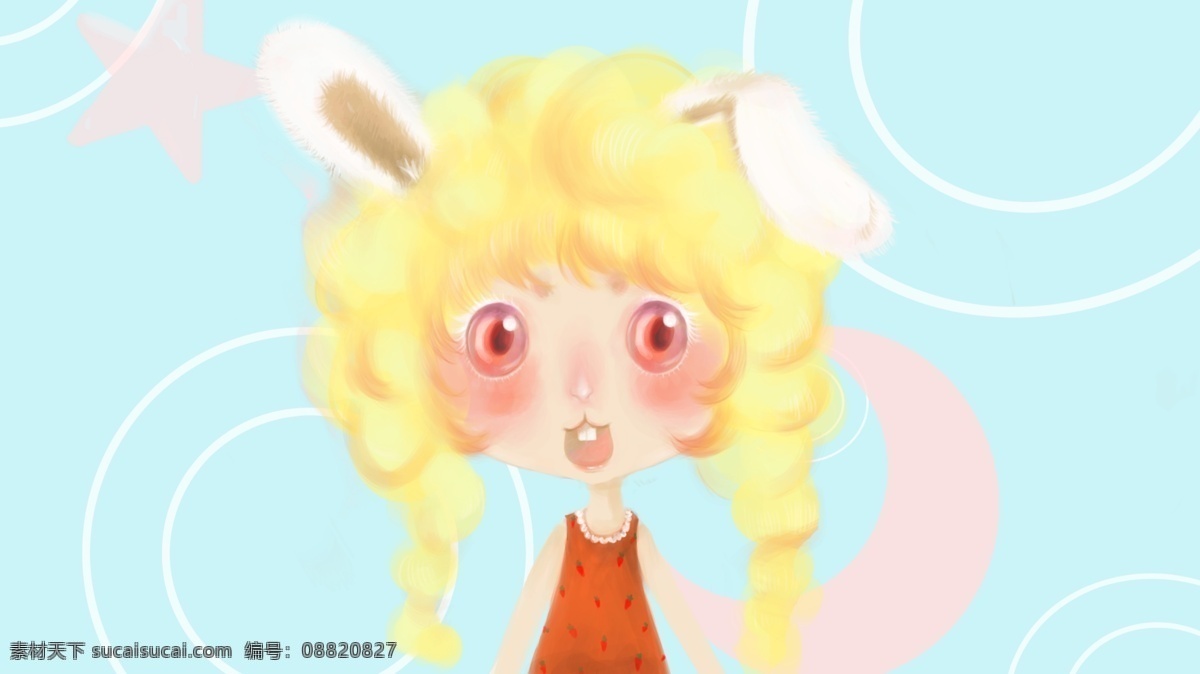 金发 兔 耳朵 女孩 蓝色 卡通 背景 兔耳朵