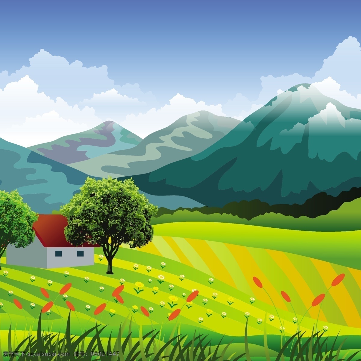 乡村景观 山 草 草地 树 房子 绿色