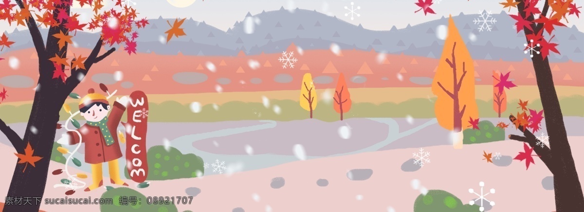 迎新 年 野外 玩耍 男孩 插 画风 背景 迎新年 2019 新年 猪年 森林 冬天 下雪 插画风 服装 食品 促销海报