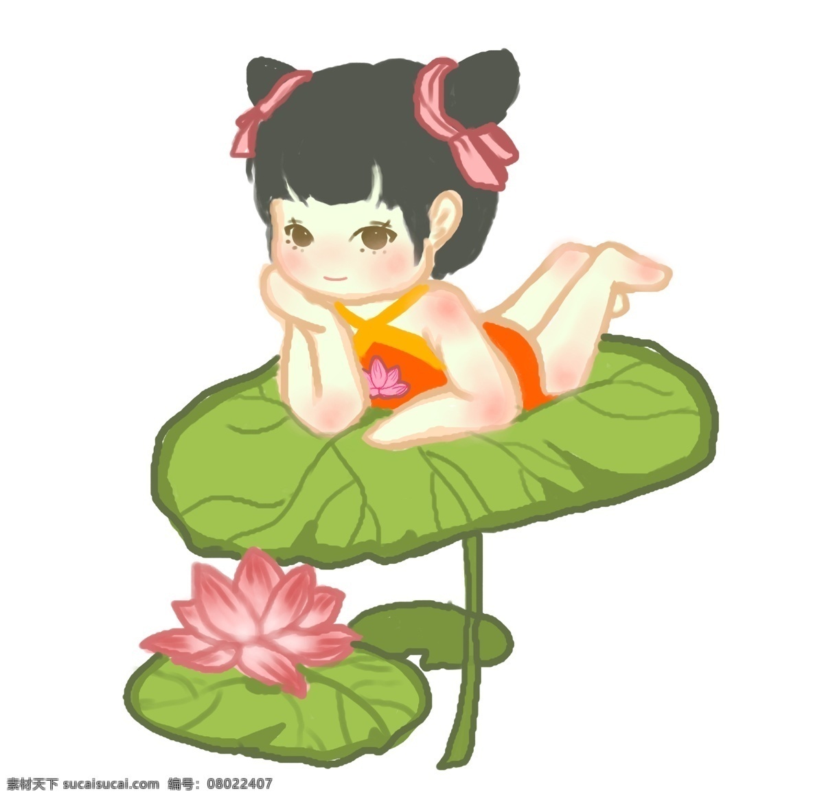 荷花 上 玩耍 的卡 通 小孩 荷叶 小姑娘 小男孩 荷塘月色 中国风小孩 穿 小 肚兜 卡通 可爱
