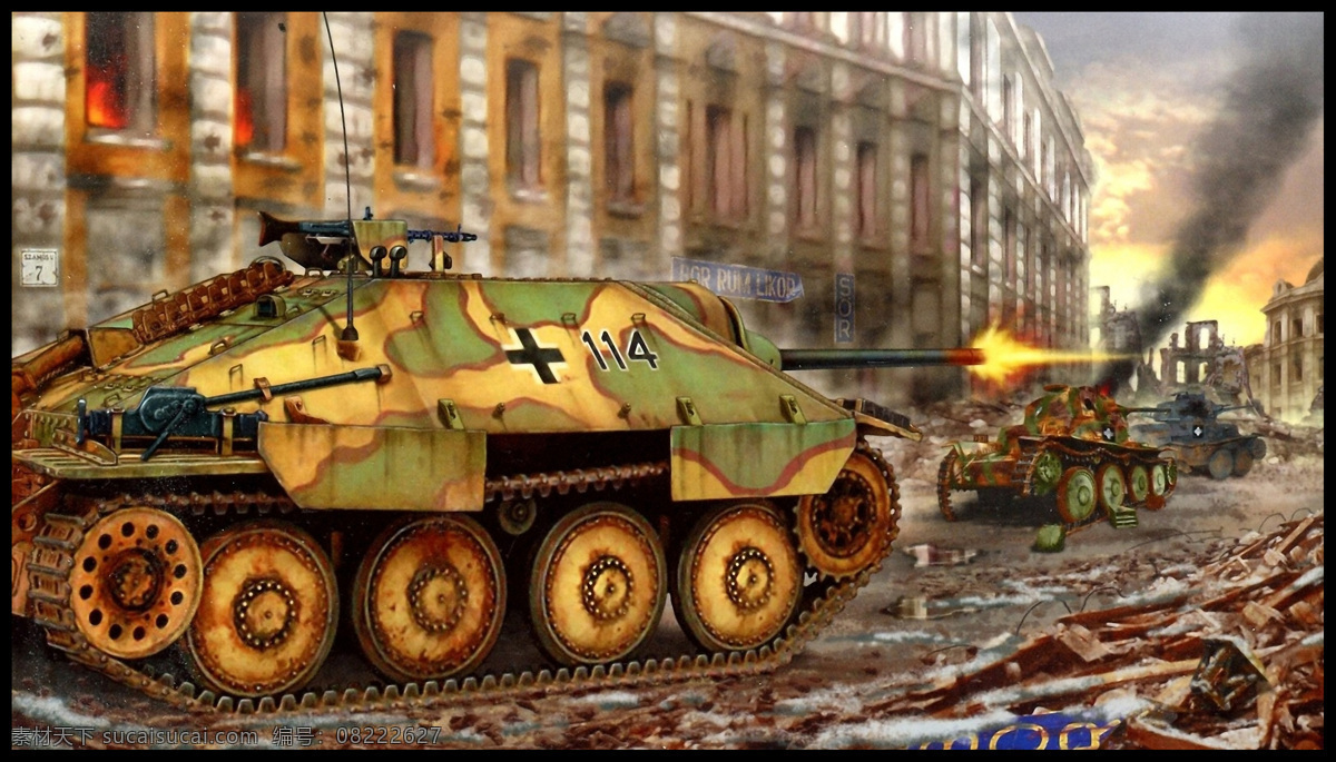 德国 二战 发射 废墟 绘画 绘画书法 坦克 追 猎者 歼击 车 设计素材 车模 板 战争 火炮 击毁 硝烟 进攻 二战空战画册 文化艺术