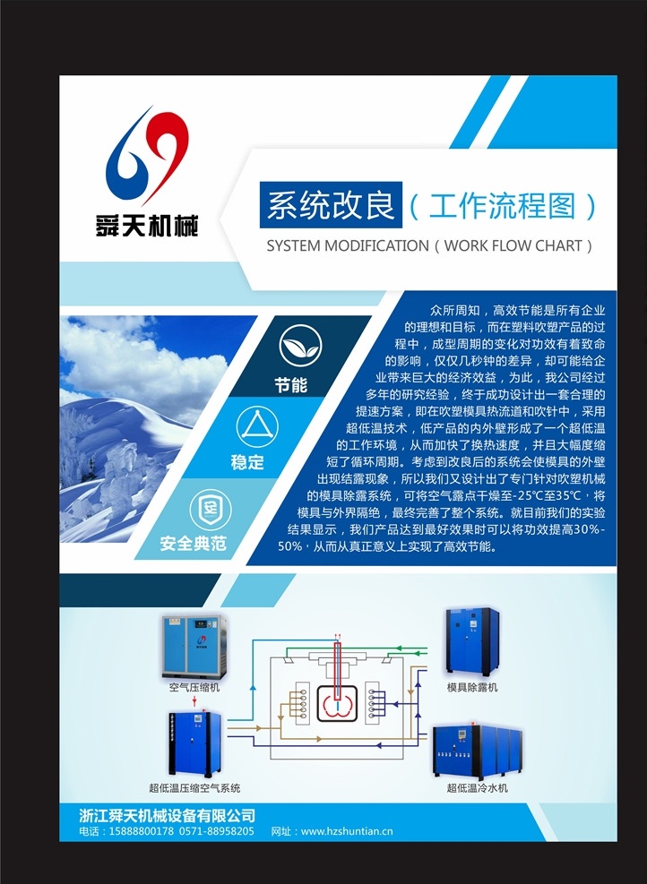 机械 蓝色 设备 图形 流程图 节能 稳定 安全典范 空气压缩机 超低温冷水机 蓝天 单页 彩页 宣传单