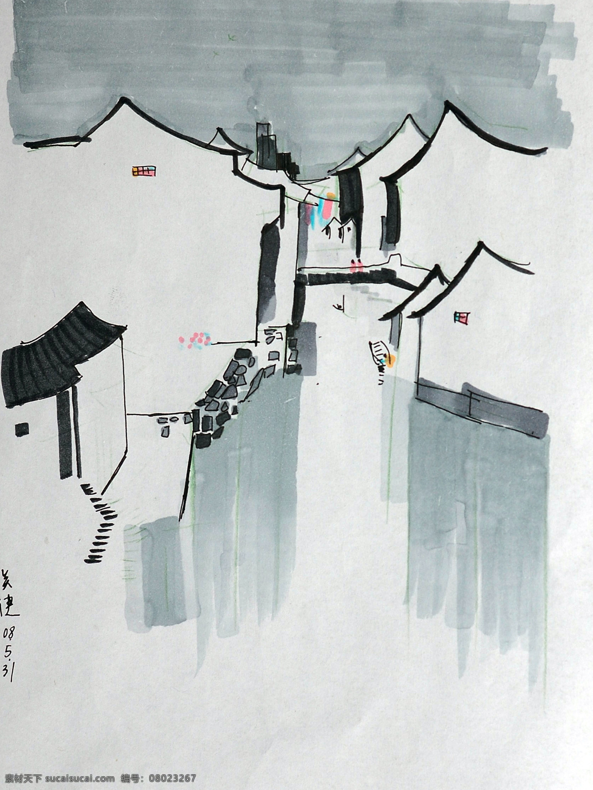 水彩风景 设计素材 水彩画篇 书画美术 灰色