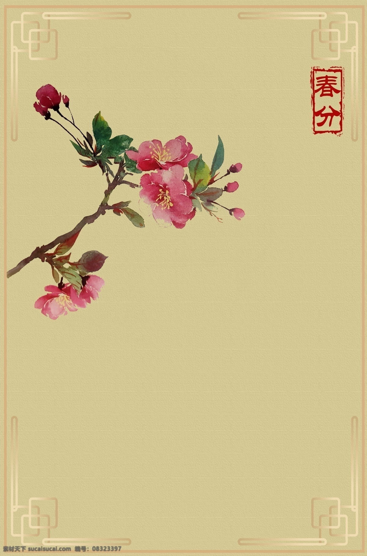 春分 复古 花朵 边框 花枝 底纹 质感 水彩 桃花 传统节气