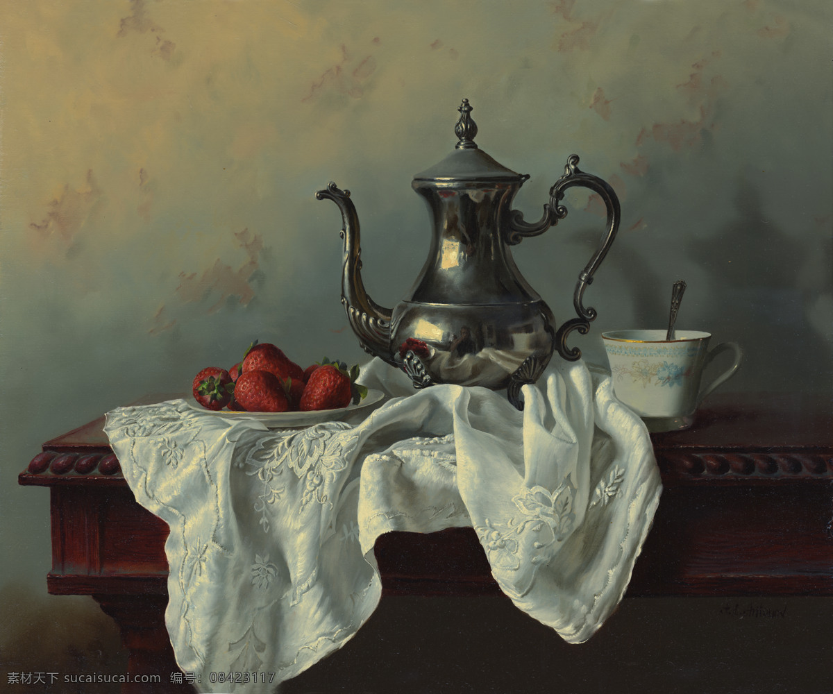 油画静物 alexei antonov 油画 静物 水壶 草莓 布料 杯子 绘画书法 文化艺术