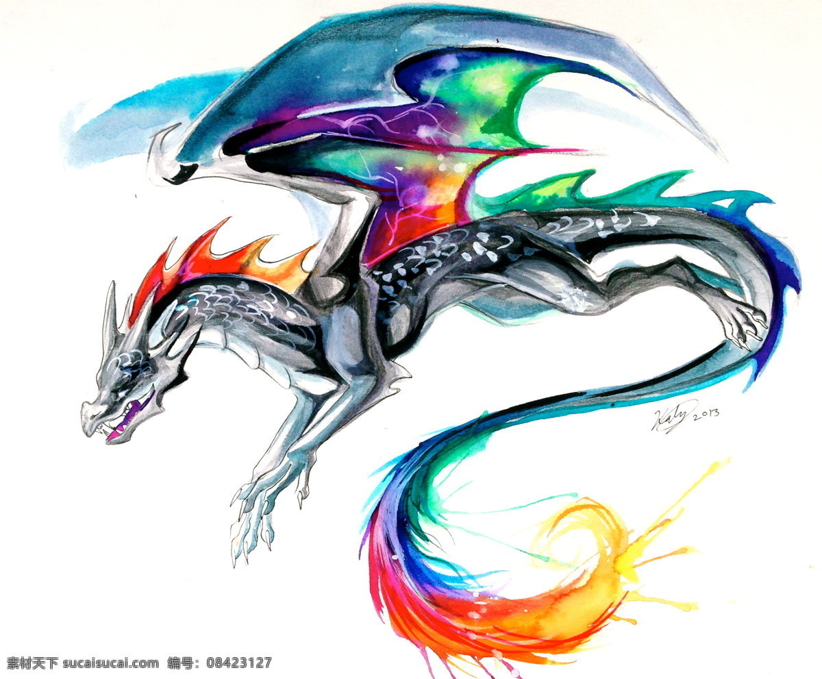 飞龙插画 龙骑士 龙 酷炫龙 蓝色 彩虹 翅膀 魔兽 怪兽 怪物 卡通 插画 彩铅 彩色墨水 泼墨 水彩 飞龙 绘画书法 文化艺术