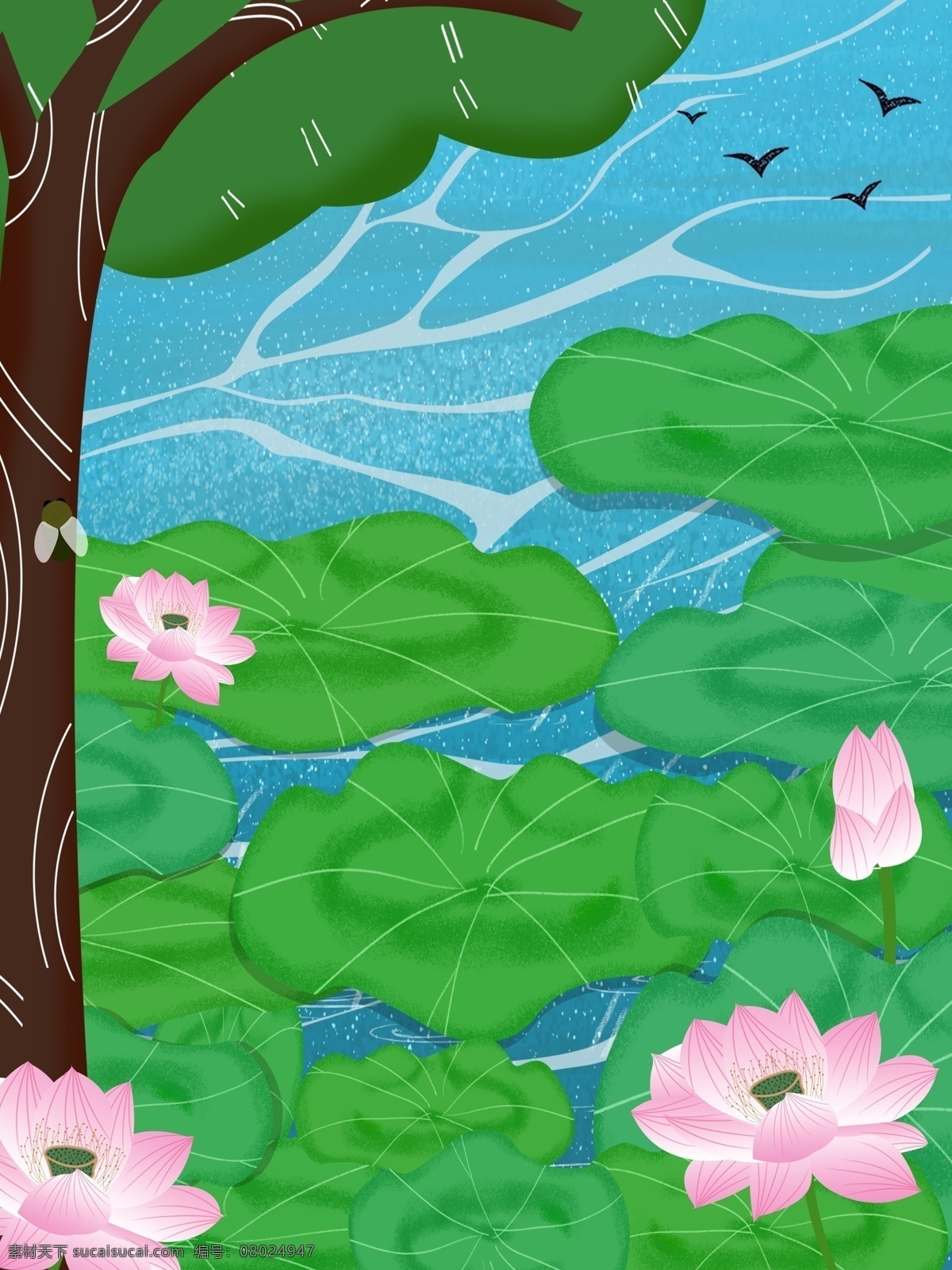 夏日 清新 荷叶 池塘 背景 绿色 荷花 卡通 彩色 创意 装饰 设计背景 海报背景 简约 图案 背景素材