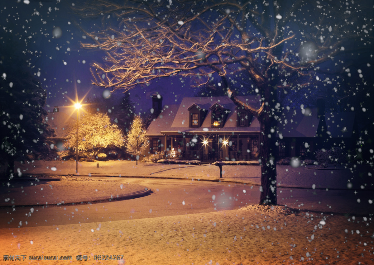 雪景 飘雪 壁纸 下雪 雪地 房屋 树木 道路 路灯
