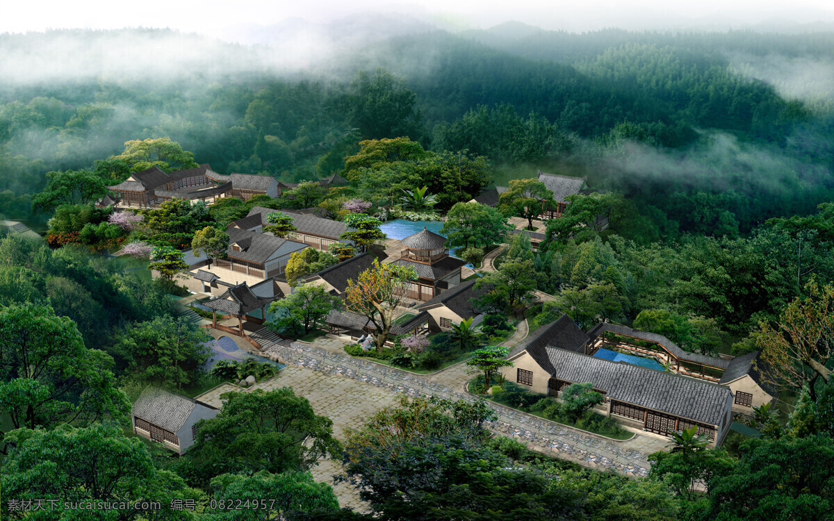 度假村 全景 环境设计 建筑 雾 园林设计 一览图 装饰素材 园林景观设计