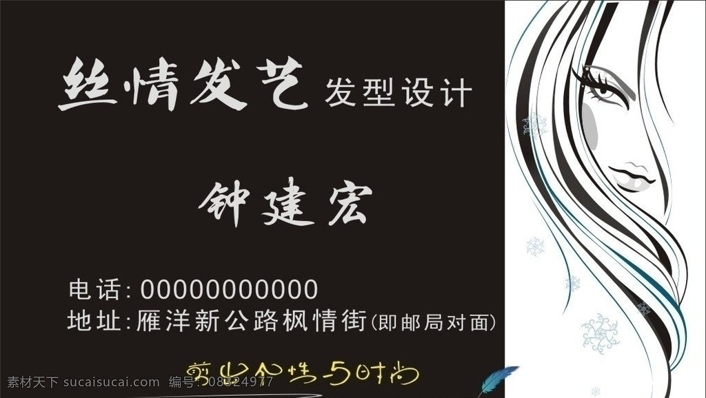 美发 羽毛 卡通发形 发丝 眼睛 高档名片 简单名片 大方名片 线条 白色 底纹 黑色发丝 兰色发丝 嘴巴 眉毛 发型 丝情发艺 名片卡片 矢量