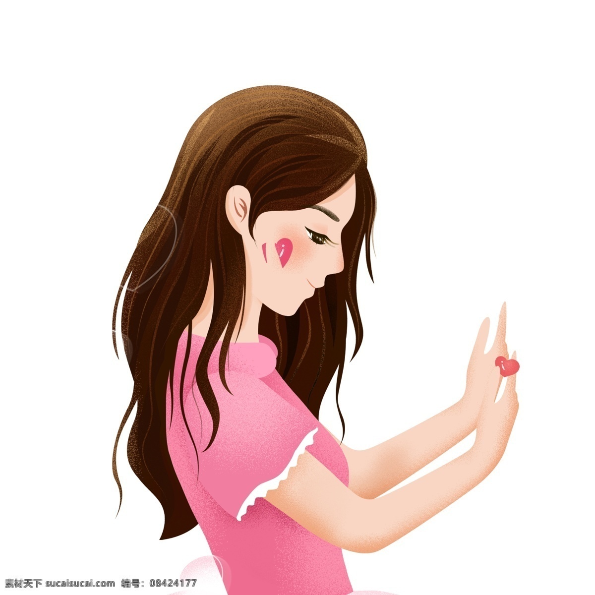 清新 手绘 一个 充满 爱心 女孩 卡通 人物 插画 美女